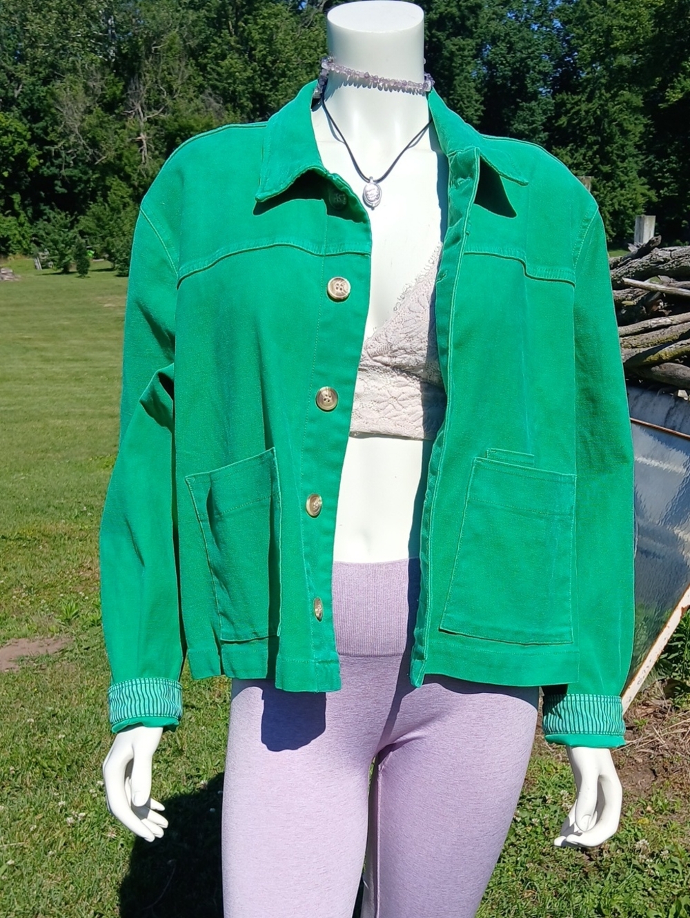 Patchington Cropped Green Womens Overshirt Jacket - Casual Button Front Size Xl